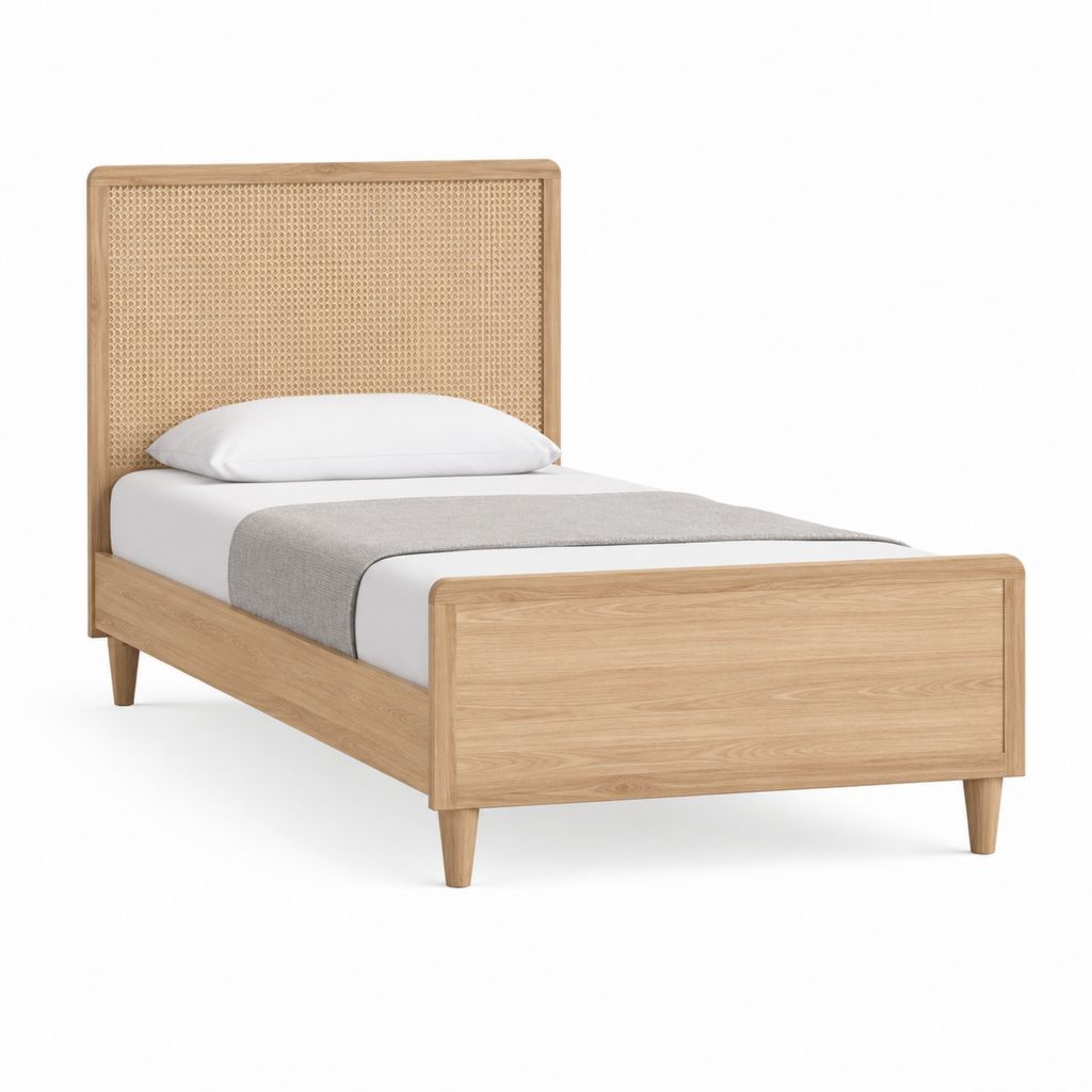 Lit simple 90 x 190 cm en chêne massif naturel avec tête de lit en cannage de rotin