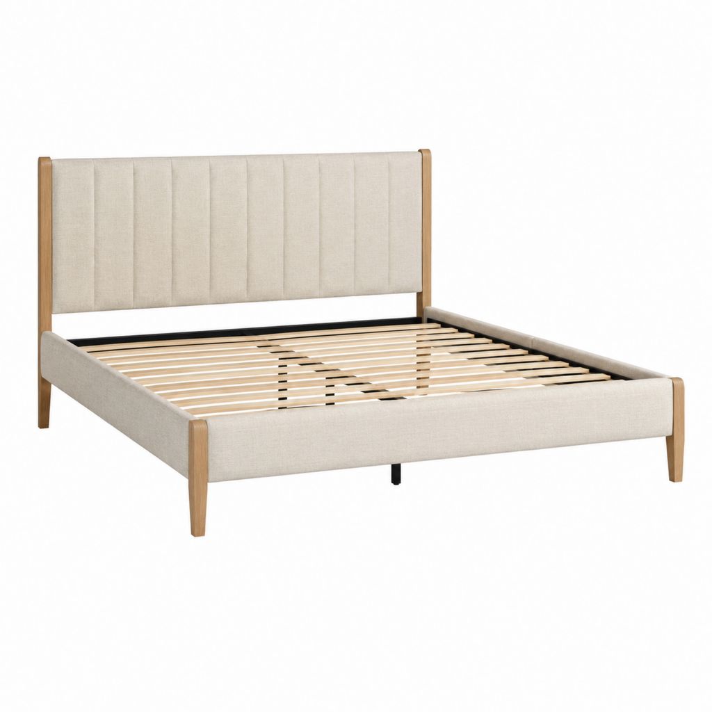 Lit double 160 x 200 cm beige en polyester avec cadre en bois d'hévéa massif et sommier à lattes