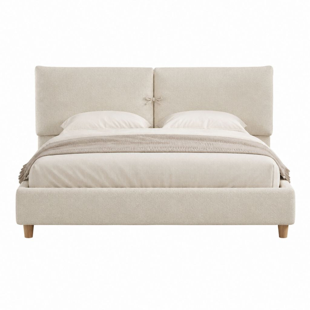 Lit double 160 x 200 cm beige en polyester avec tête de lit capitonnée