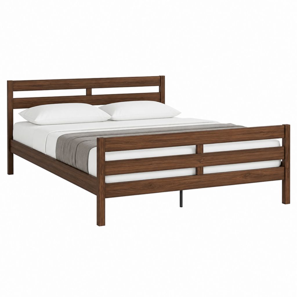 Cadre de lit double 160 x 200 cm marron noyer en bois massif d'hévéa avec tête et pied de lit à barreaux