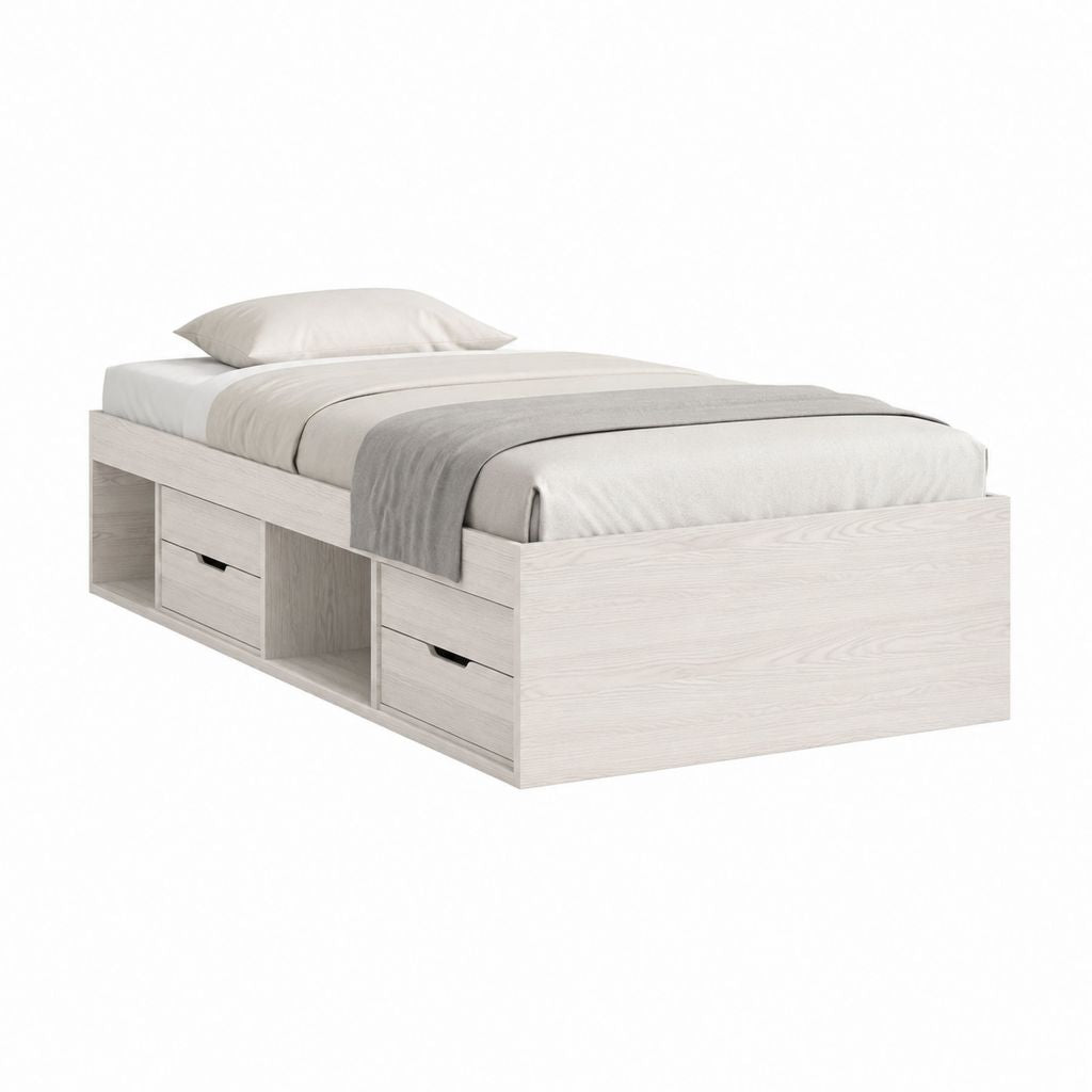 Lit simple avec rangements blanc effet chêne 90 x 190 cm