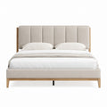 Lit double 160 x 200 cm beige en polyester et bois massif avec tête de lit capitonnée