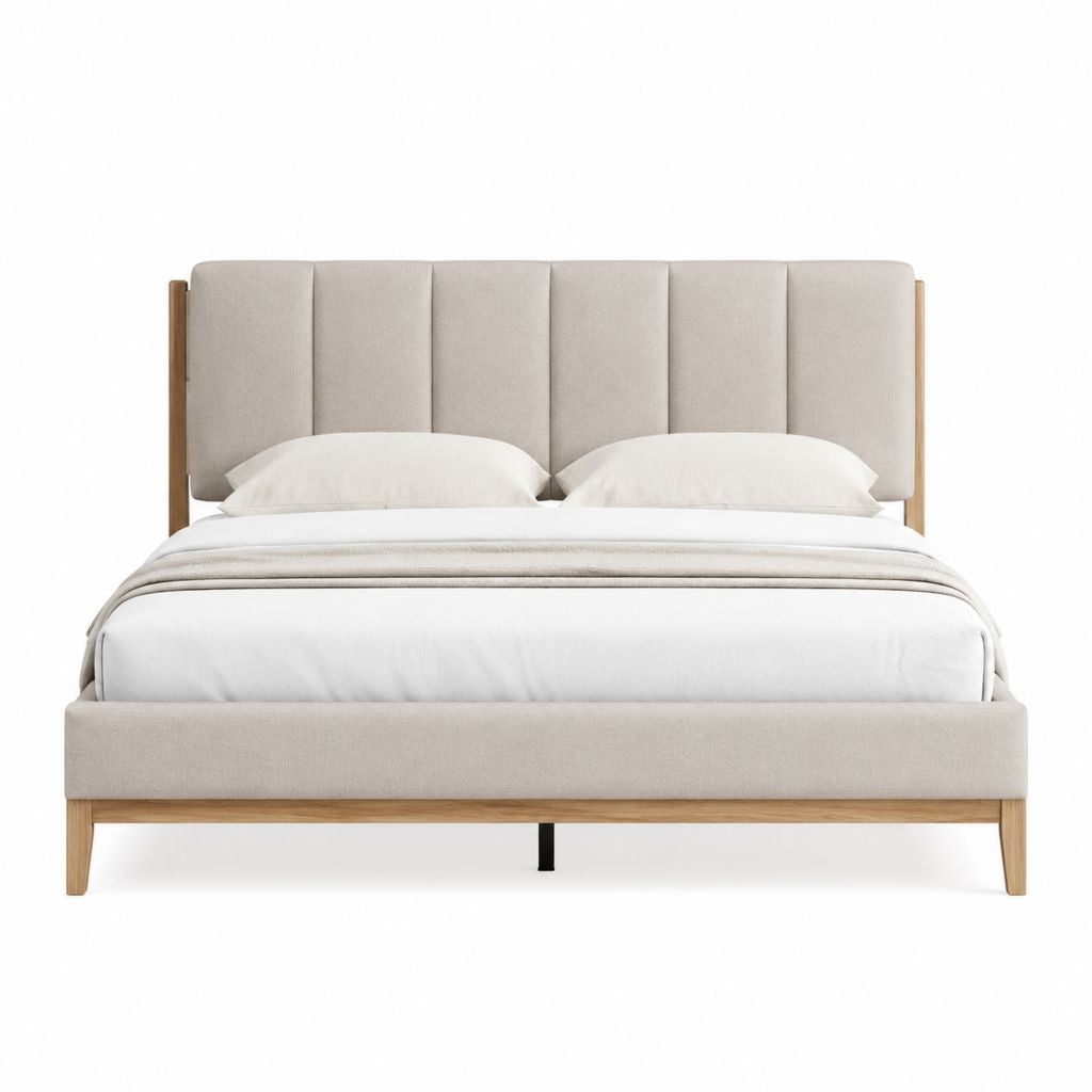 Lit double 160 x 200 cm beige en polyester et bois massif avec tête de lit capitonnée