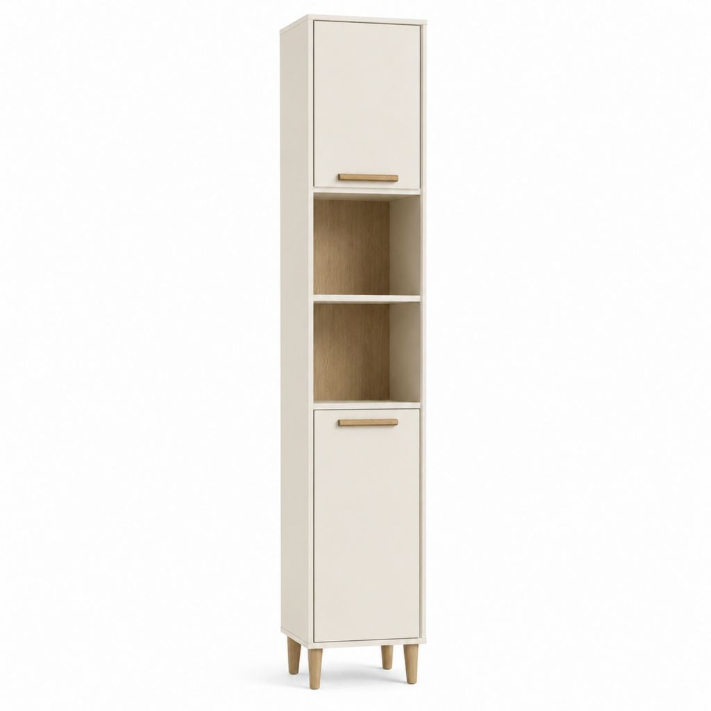 Colonne de salle de bain haute blanc ivoire et chêne clair en panneaux MDF 30 x 30 x 180 cm