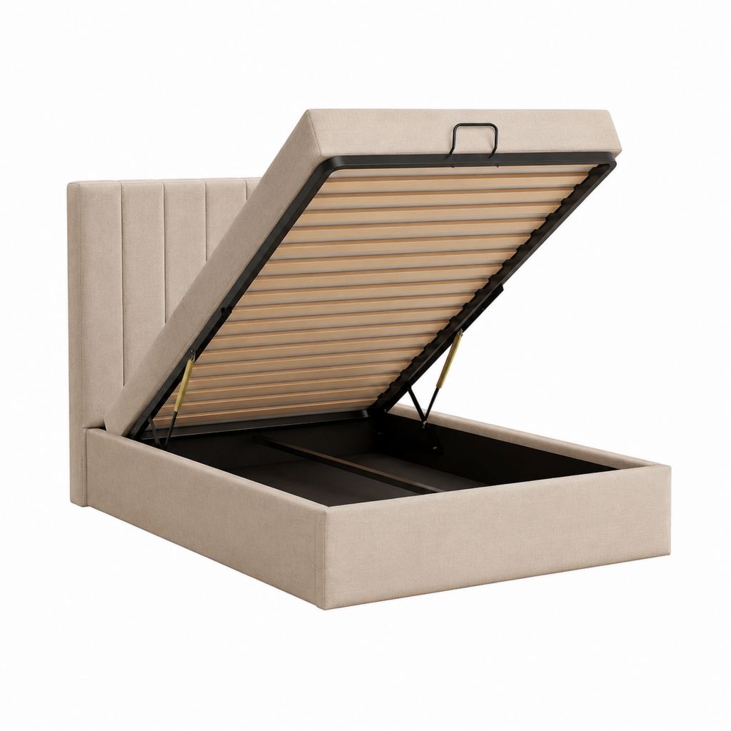 Lit coffre 160 x 200 cm beige en polyester avec sommier à lattes relevable