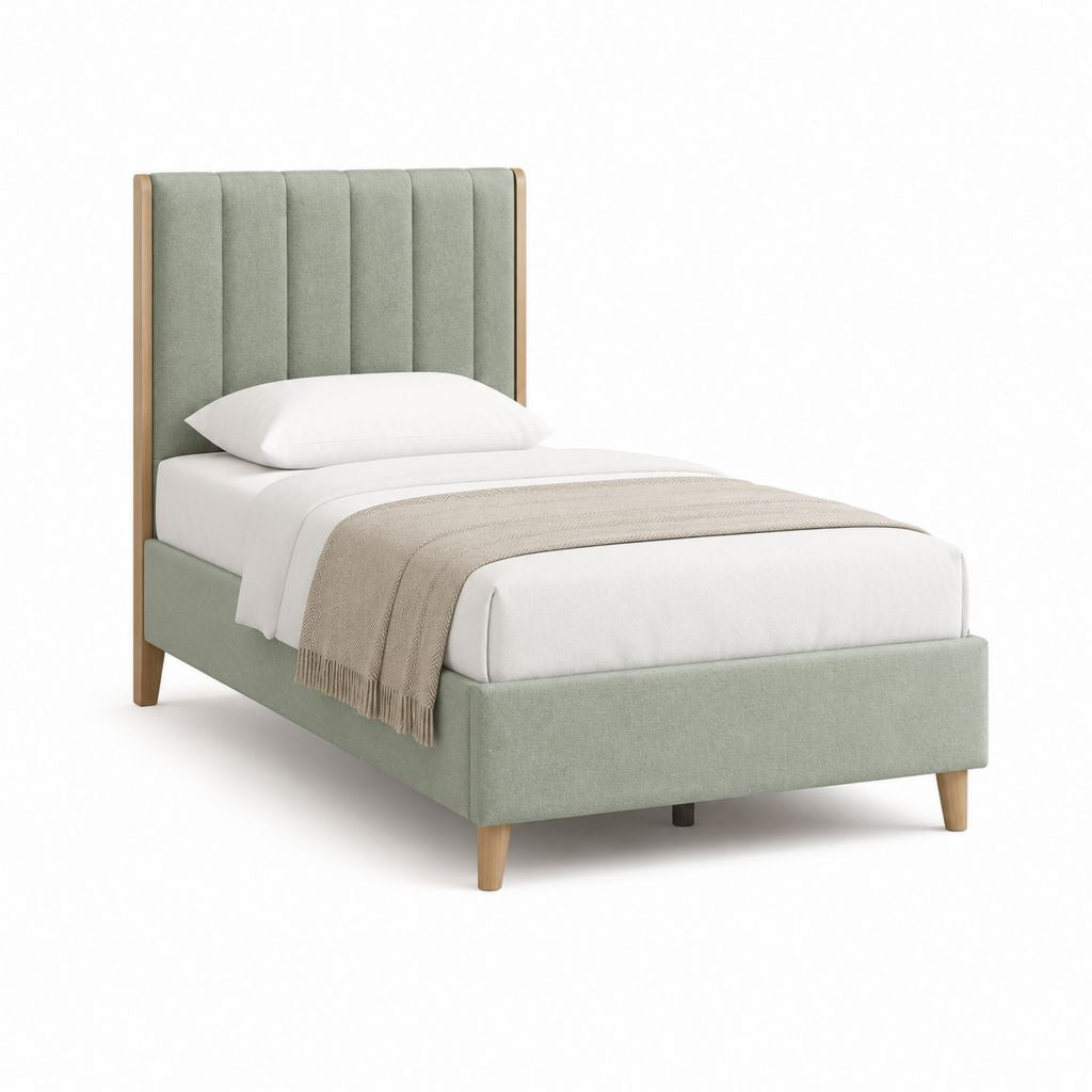 Lit 1 place capitonné vert en polyester avec pieds en bois massif 90 x 190 cm