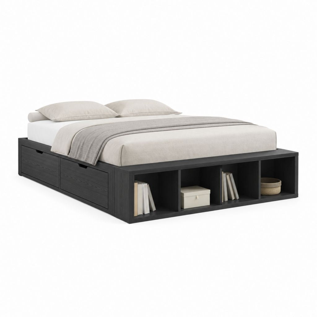 Cadre de lit double avec rangement noir en panneaux MDF 160 x 200 cm