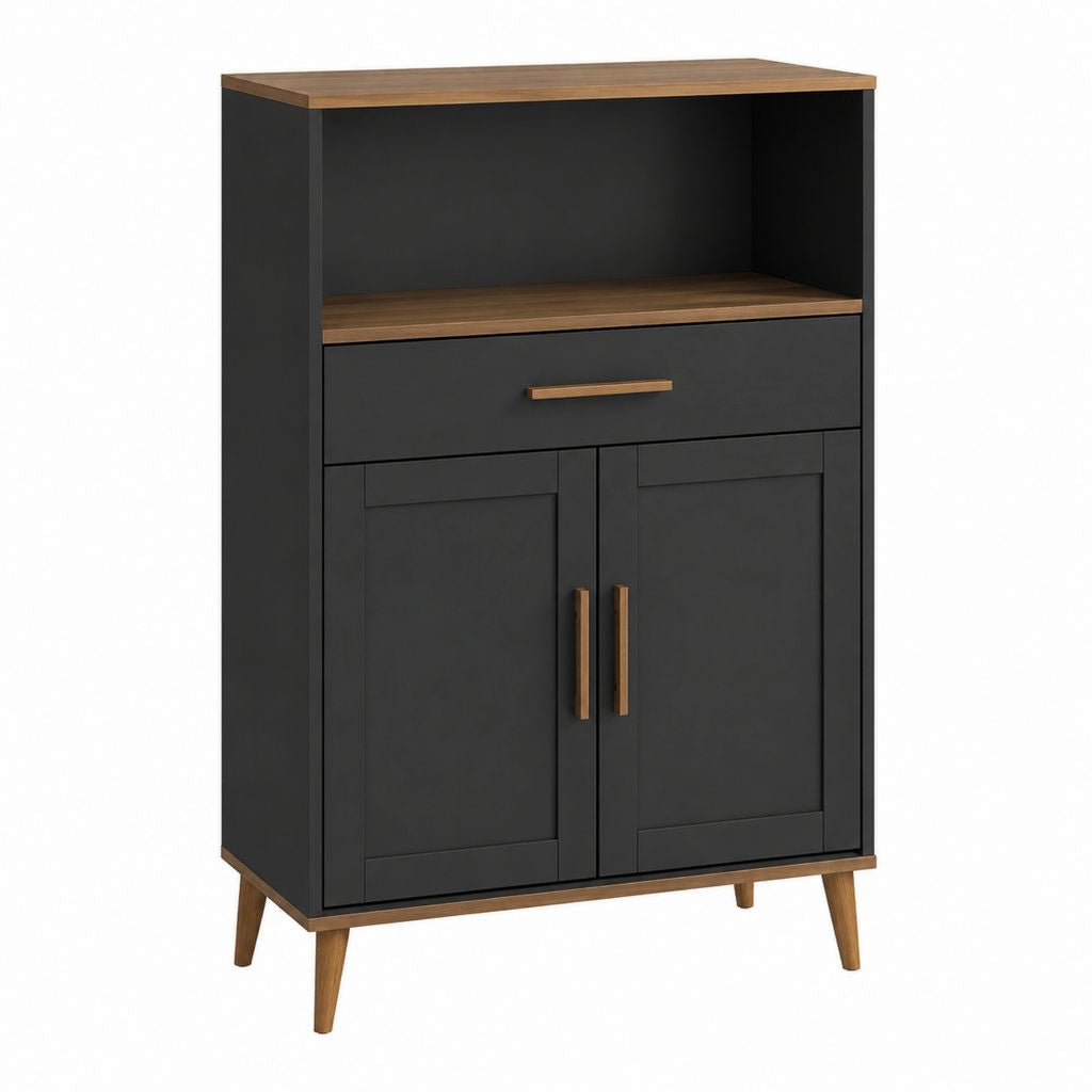 Buffet de cuisine rectangulaire noir et noyer en MDF 60 x 40 x 120 cm avec 2 portes 1 tiroir et niche ouverte