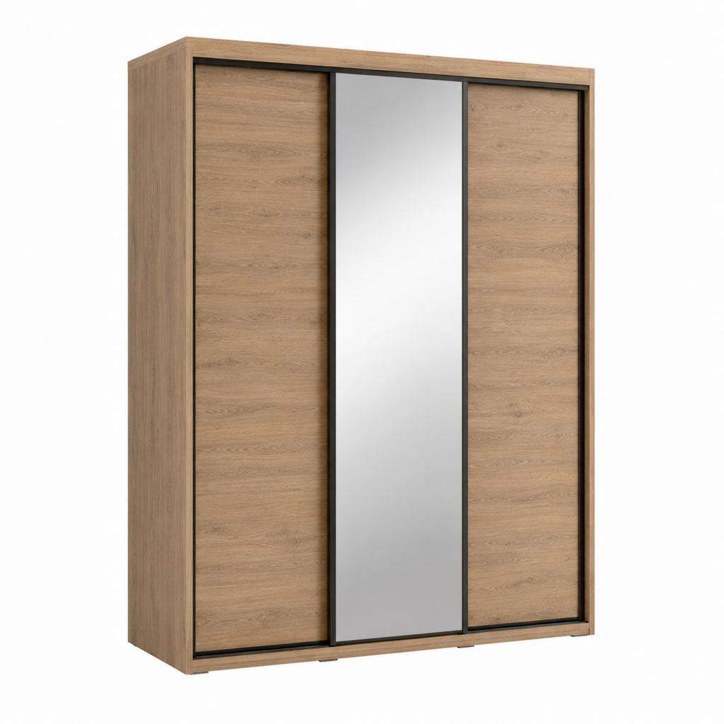 Armoire à portes coulissantes chêne naturel en panneaux de particules mélaminés rectangulaire avec miroir 180 x 60 x 200 cm