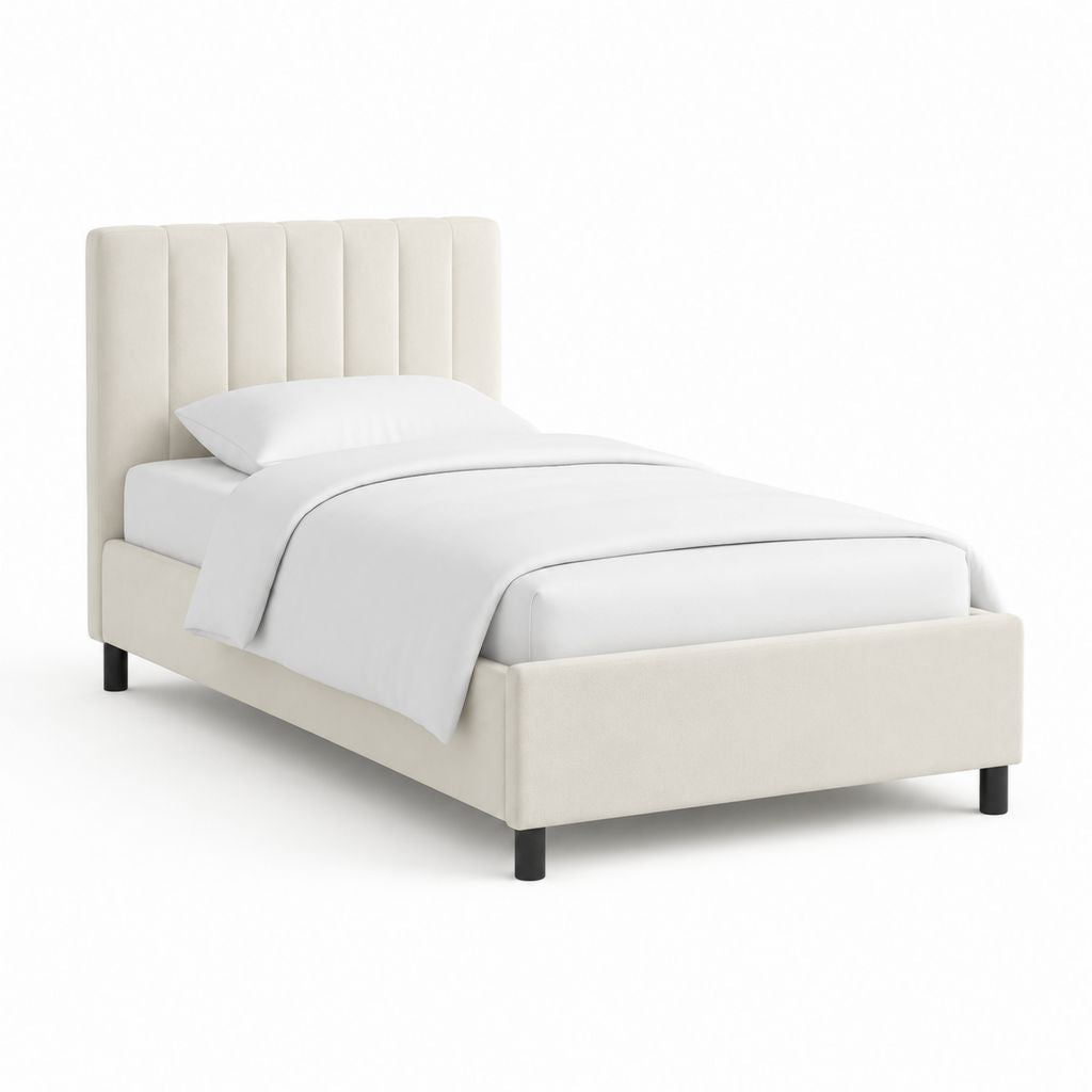 Lit simple 90 x 190 cm crème en polyester avec tête de lit capitonnée