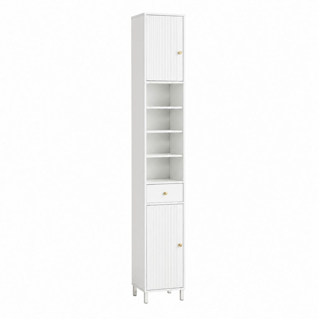 Colonne de salle de bain sur pied blanche en MDF 30 x 30 x 180 cm avec 2 portes 1 tiroir et 4 étagères ouvertes