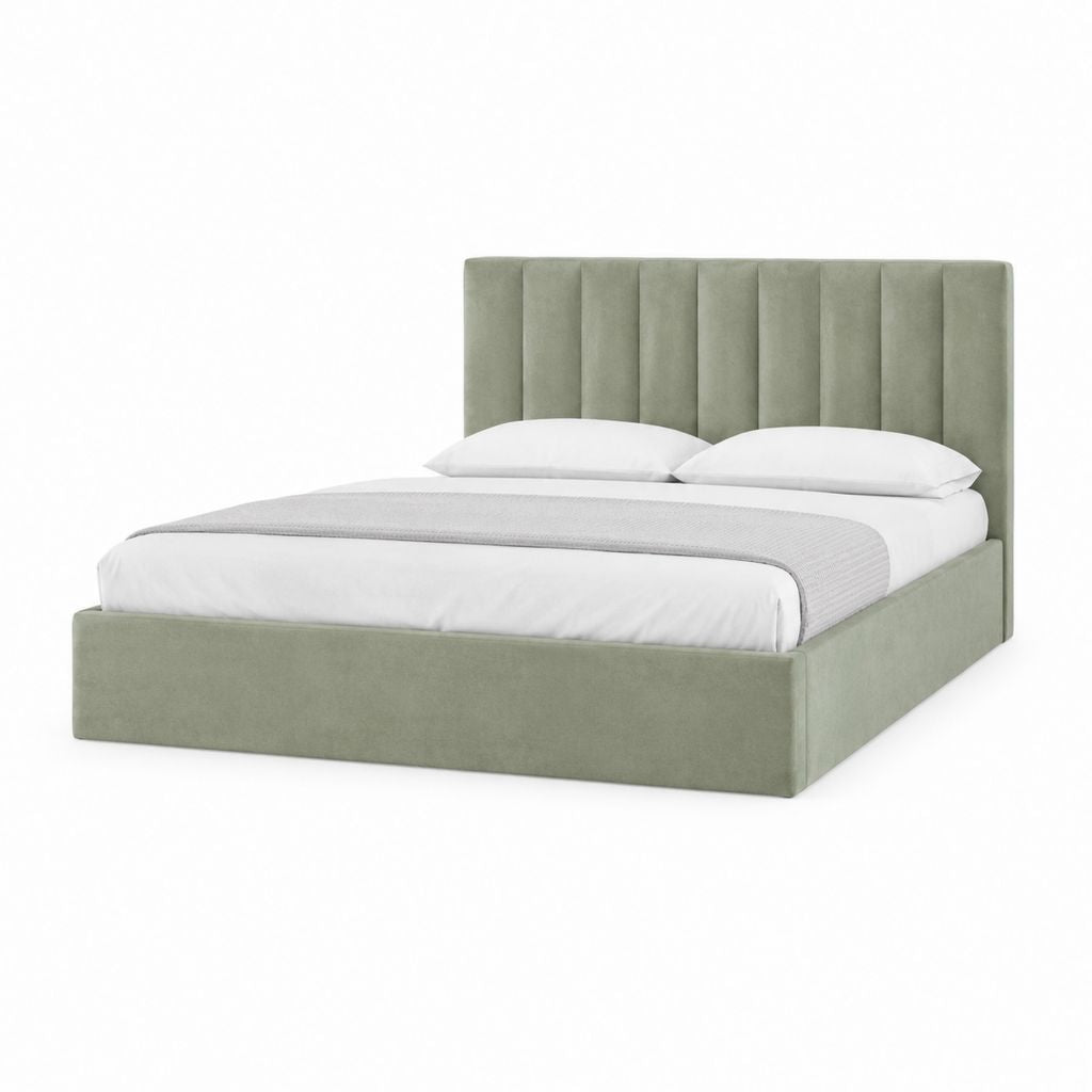 Lit coffre 160 x 200 cm vert sauge en velours de polyester rectangulaire avec tête de lit capitonnée