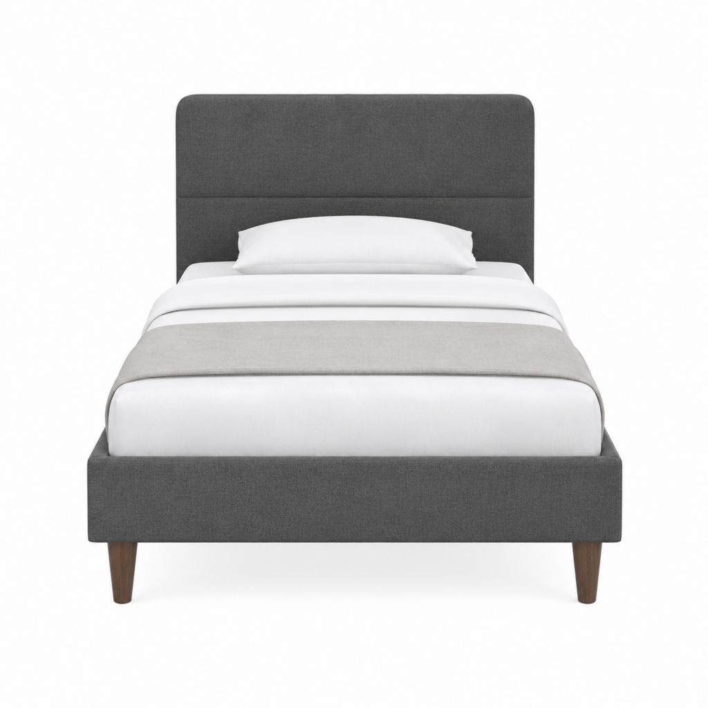 Lit double avec cadre gris foncé en polyester et pieds en hévéa 160 x 200 cm